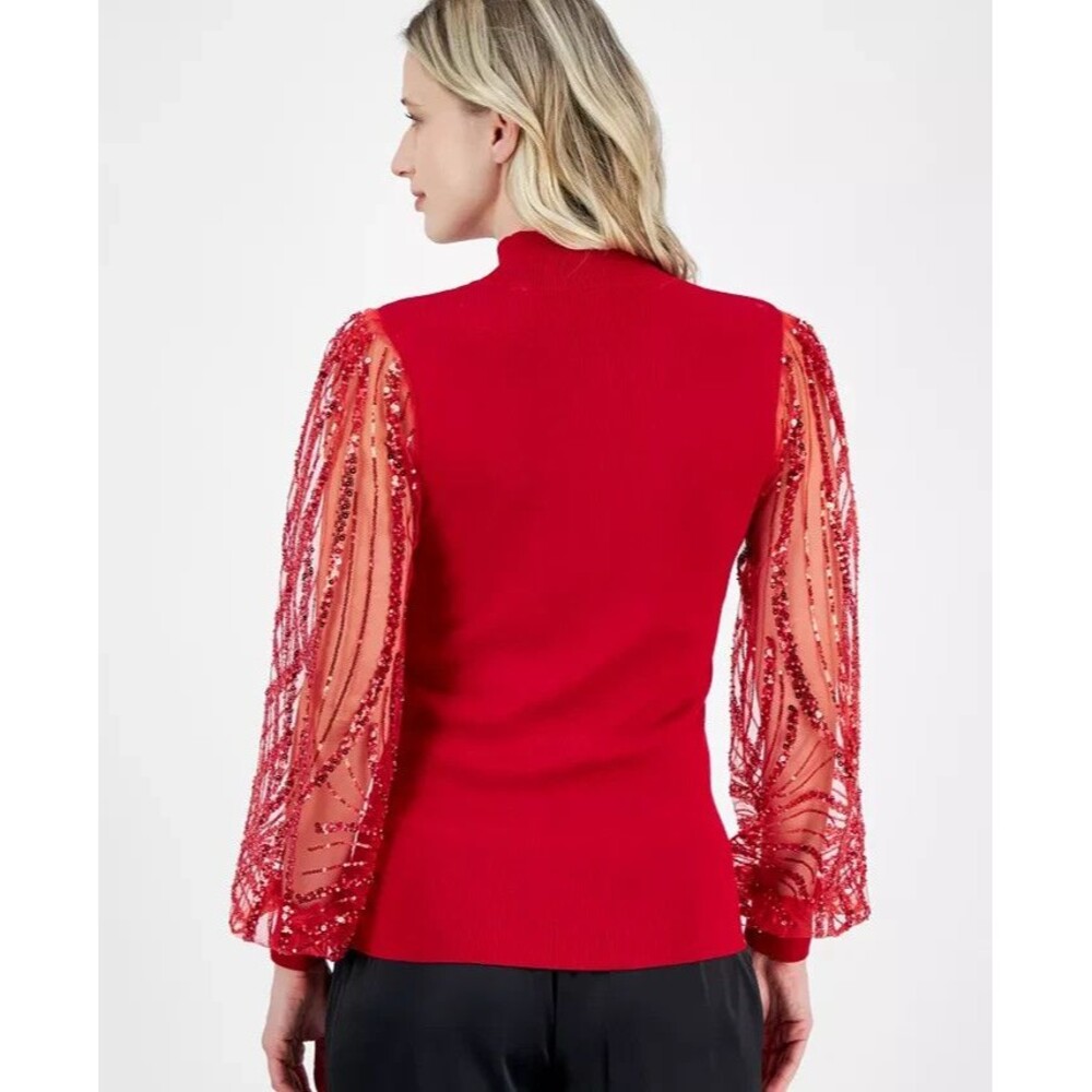 T Tahari Women's Sequin-Sleeve Mock-Neck Sweater Holidays Party Top red XL - Picture 3 of 10